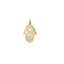 A hamsa charm with laced design overlaying a mother of pearl gemstone. Solid 14k gold.