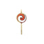 A gold lollipop charm with colored gemstone in lay. The head of the lollypop has a swirl pattern where the stone in lay is set.
