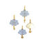 A storm cloud pendant with a hand carved gemstone and a solid gold charm attached at the bottom of the cloud.