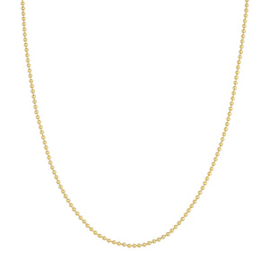A yellow gold dainty ball chain, great for everyday and fits most pendants with ease. With lobster clasp.