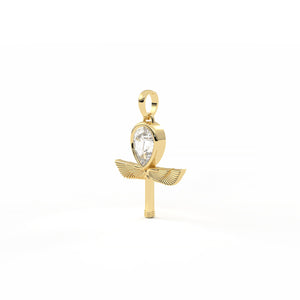 Gold pendant with a clear gemstone on a white background