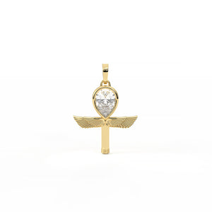 Gold pendant with a central gemstone on a white background