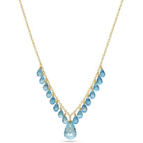 Necklace with blue teardrop-shaped gemstones on a gold chain against a white background