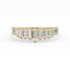 Gold ring with emerald-cut diamonds on a white background