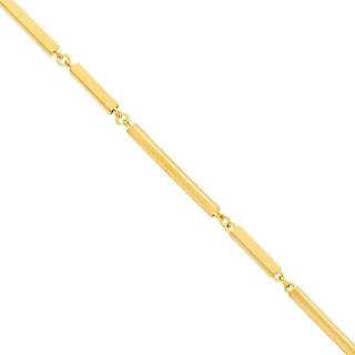 A bar link chain featuring alternating short and long bar links with adjustable extension and lobster clasp. 