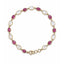 Gold necklace with pink and white gemstones on a white background