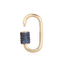 A oval carabiner lock with pave blue sapphire at the opening. Twist opening and screw lock. 