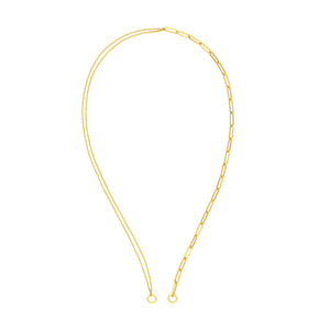 A gold chain features half paperclip link and half double cable chain links. Finished with round loop ends to be paired with connector locks.