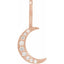 Rose gold moon-shaped pendant with embedded diamonds on a white background