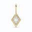 A lozenge or diamond shaped diamond set in bezel setting with a ray pattern on the outer frame. 