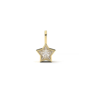 Gold star-shaped pendant with a diamond on a white background