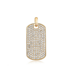 A yellow gold diamond pave dog tag pendant with rounded corners.