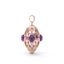 Rose gold pendant with purple gemstones on a white background