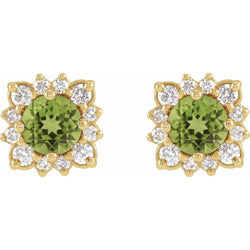 Pair of gold earrings with green gemstones on a white background