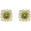 Pair of gold earrings with green gemstones on a white background