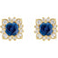 Pair of gold earrings with blue gemstones on a white background