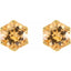 Hexagonal gold earrings with orange gemstones on a white background