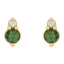 Gold earrings with green gemstones and clear stones on a white background