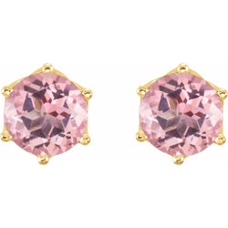 Pair of pink gemstone earrings with gold settings on a white background