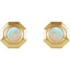 Gold hexagonal earrings with opal stones on a white background