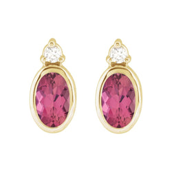 Gold earrings with pink gemstones on a white background