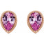 Pair of rose gold teardrop earrings with pink gemstones on a white background