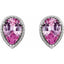 Pair of pink teardrop earrings with silver settings on a white background