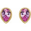 Gold earrings with pink teardrop-shaped gemstones on a white background