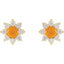 Pair of flower-shaped earrings with orange centers and diamond-like stones on a white background
