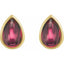 Gold earrings with teardrop-shaped red gemstones on a white background