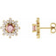 Gold earrings with pink gemstones on a white background