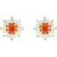 Pair of earrings with orange center and white accents on a white background