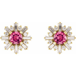 Pair of earrings with pink gemstones and gold and diamond accents on a white background