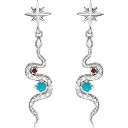 Silver earrings with star tops, turquoise stones, and red accents on a white background