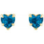Heart-shaped blue gemstone earrings with gold setting on a white background