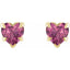 Heart-shaped pink gemstone earrings with gold accents on a white background