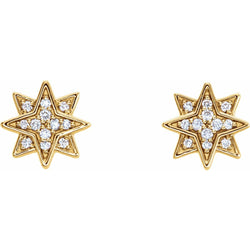 Gold star-shaped earrings with diamond-like stones on a white background