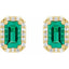 Gold earrings with emerald green gemstones and small diamonds on a white background