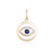 A blue sapphire set in bezel setting with diamond frames. The eye is sitting in a round gold frame.