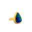 A roundish triangle shaped boulder opal that has blue and green hues and lots of fire. This ring is bezel set and framed with gold border with diamond accents. 