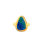 A roundish triangle shaped boulder opal that has blue and green hues and lots of fire. This ring is bezel set and framed with gold border with diamond accents. 