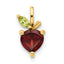 A small pendant with one heart shaped garnet with a green marquise leaf and a gold steam.