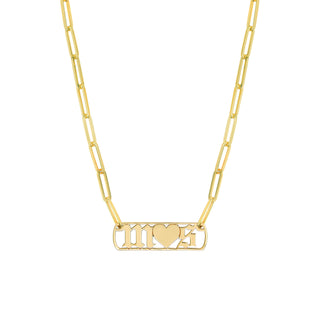 A gothic font initial necklace with a heart in the middle. Finished with paperclip chain. 