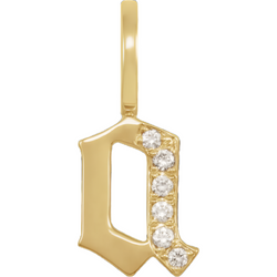A gold gothic font letter initial pendant with accent diamonds.