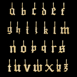 A gold gothic font letter initial pendant with accent diamonds.