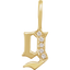 A gold gothic font letter initial pendant with accent diamonds.