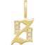 A gold gothic font letter initial pendant with accent diamonds.