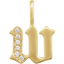 A gold gothic font letter initial pendant with accent diamonds.