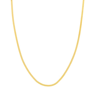 A flat gold herring bone chain necklace, the perfect size, in yellow gold. This chain has a lobster clasp closure
