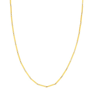 A solid yellow gold bar link chain, with long square bars links jointed by a small jump ring. A vintage style that goes with everything. 